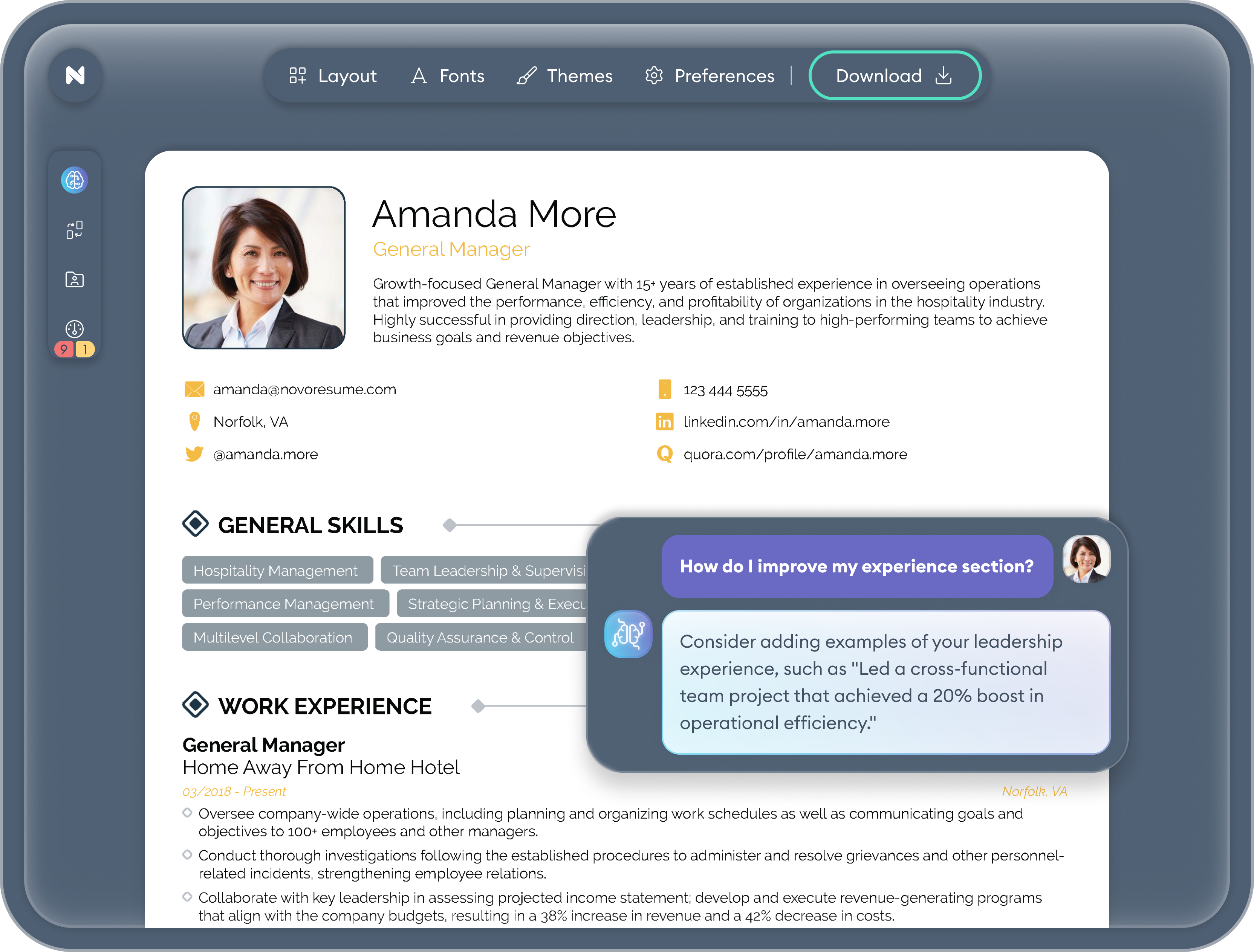 Preview of a resume open in the Novorésumé AI-powered editor