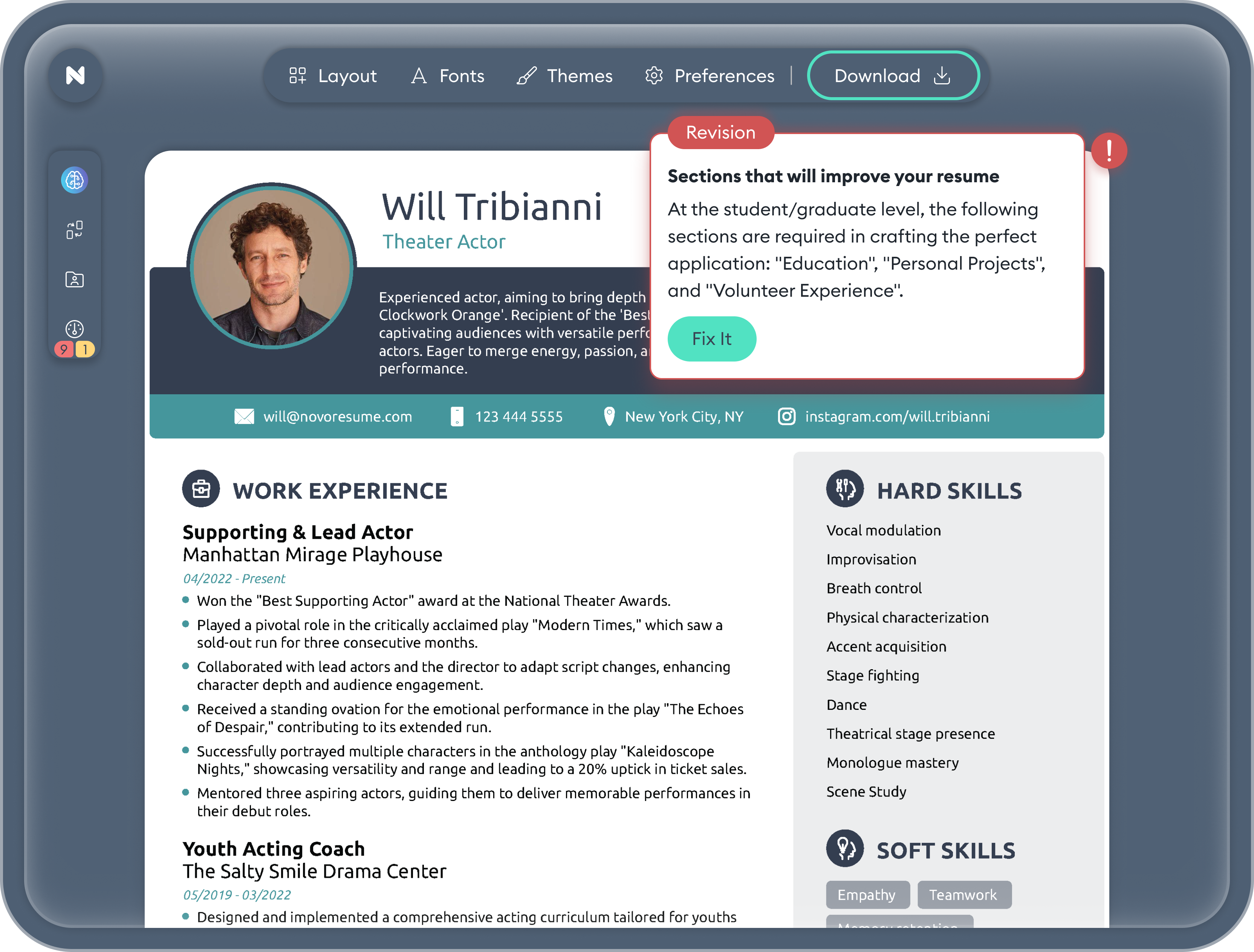 Preview of a resume open in the Novorésumé AI-powered editor